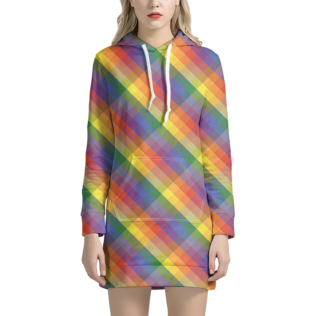 Rainbow LGBT Plaid Pattern Print Hoodie Dress