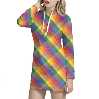 Rainbow LGBT Plaid Pattern Print Hoodie Dress