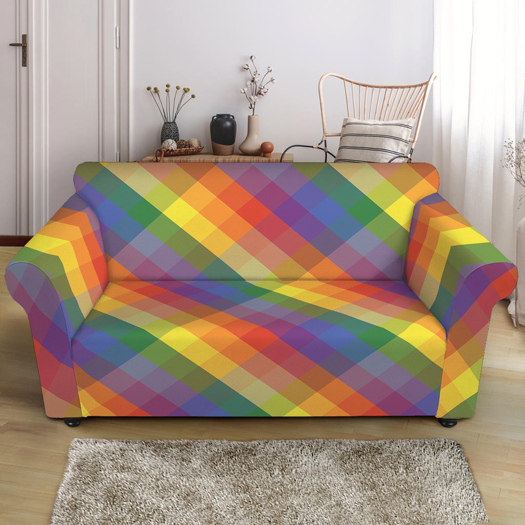 Rainbow LGBT Plaid Pattern Print Loveseat Slipcover