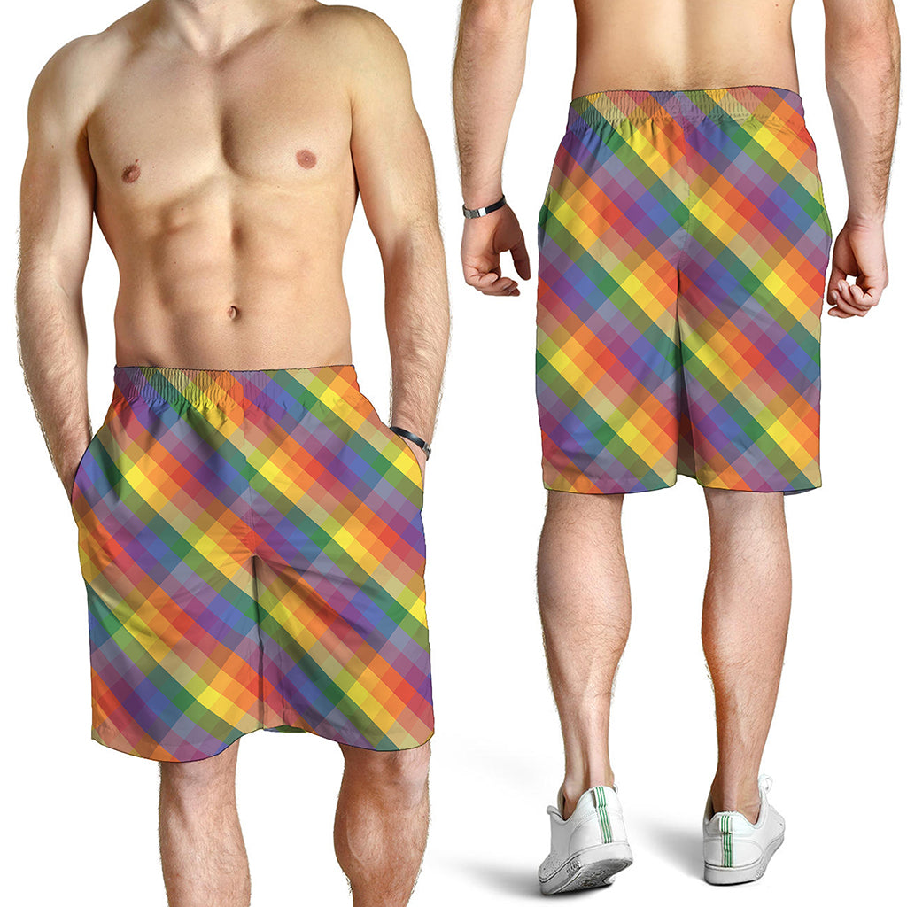 Rainbow LGBT Plaid Pattern Print Men's Shorts