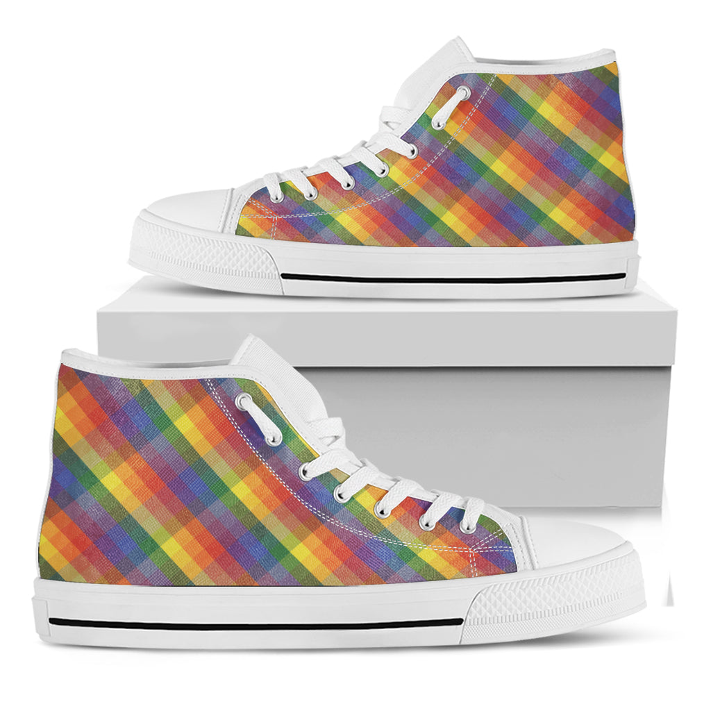 Rainbow LGBT Plaid Pattern Print White High Top Shoes