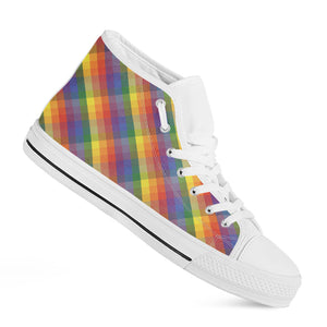 Rainbow LGBT Plaid Pattern Print White High Top Shoes