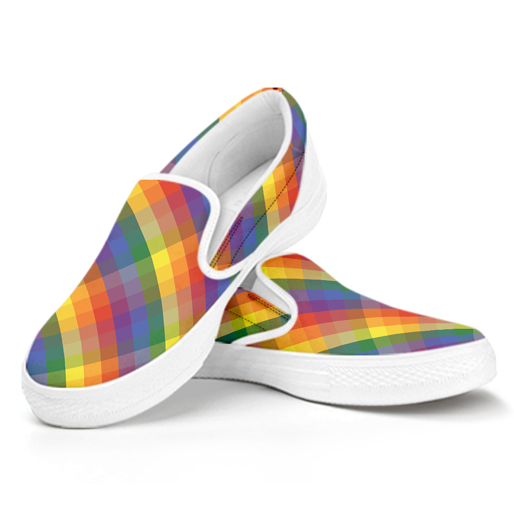 Rainbow LGBT Plaid Pattern Print White Slip On Shoes