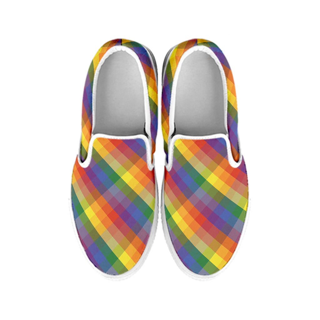 Rainbow LGBT Plaid Pattern Print White Slip On Shoes