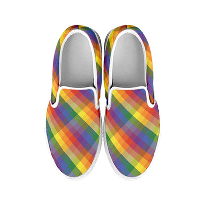 Rainbow LGBT Plaid Pattern Print White Slip On Shoes