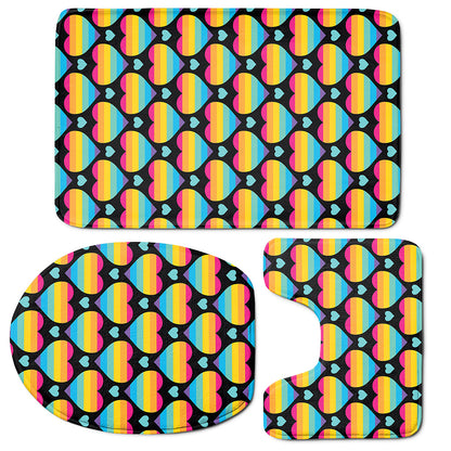 Rainbow LGBT Pride Heart Pattern Print 3 Piece Bath Mat Set