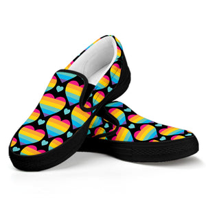 Rainbow LGBT Pride Heart Pattern Print Black Slip On Shoes