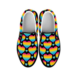 Rainbow LGBT Pride Heart Pattern Print Black Slip On Shoes