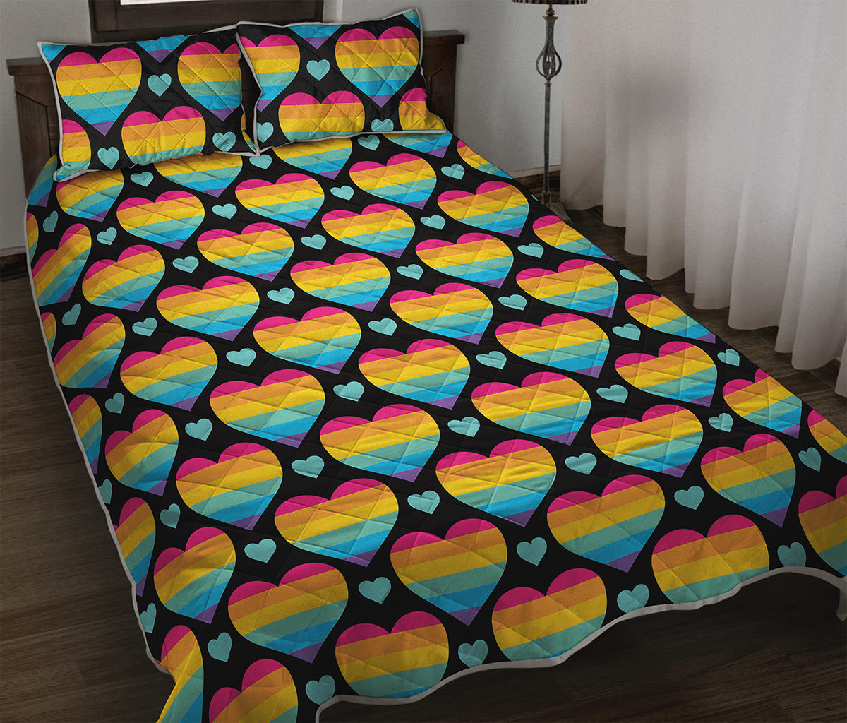 Rainbow LGBT Pride Heart Pattern Print Quilt Bed Set