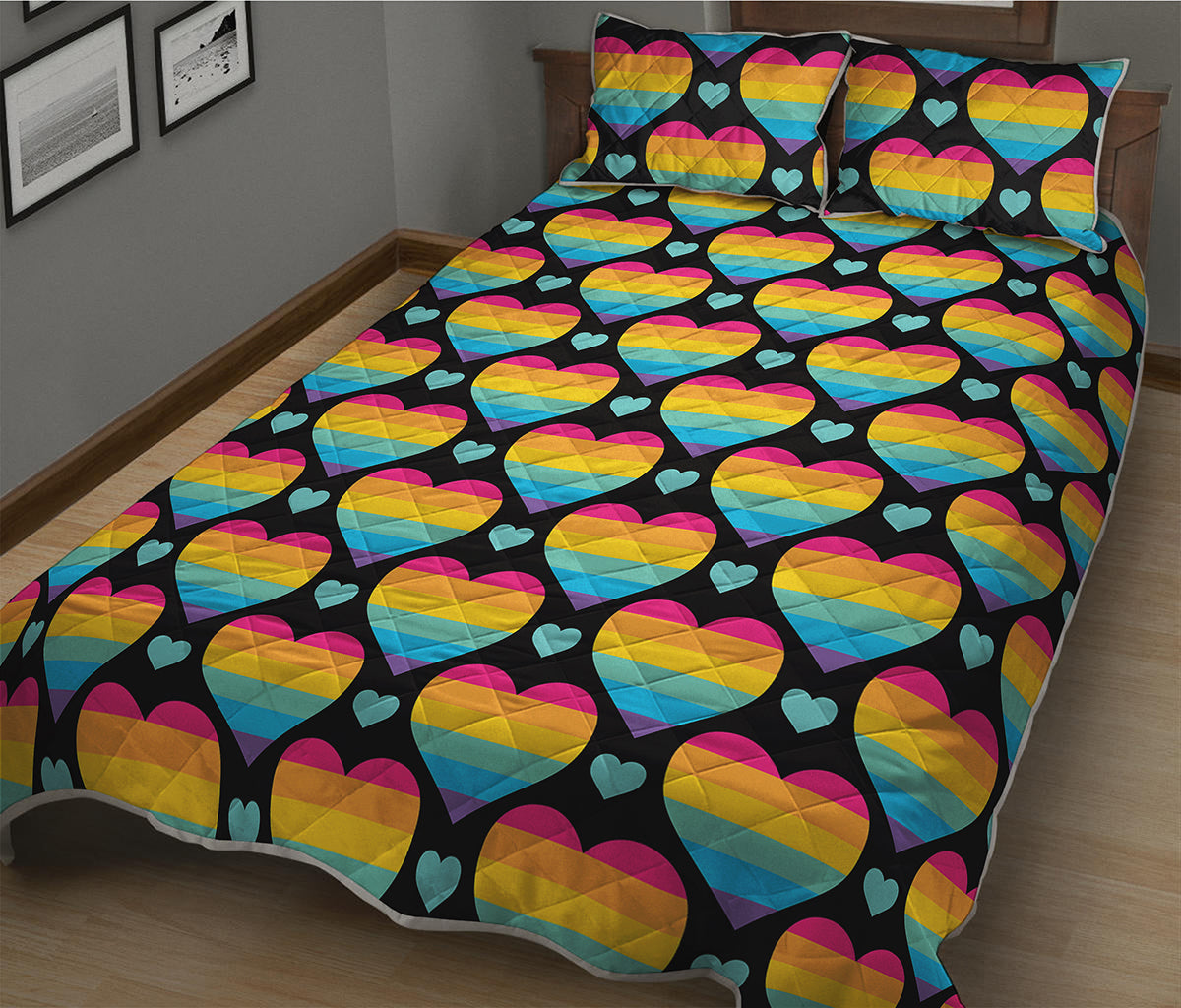 Rainbow LGBT Pride Heart Pattern Print Quilt Bed Set