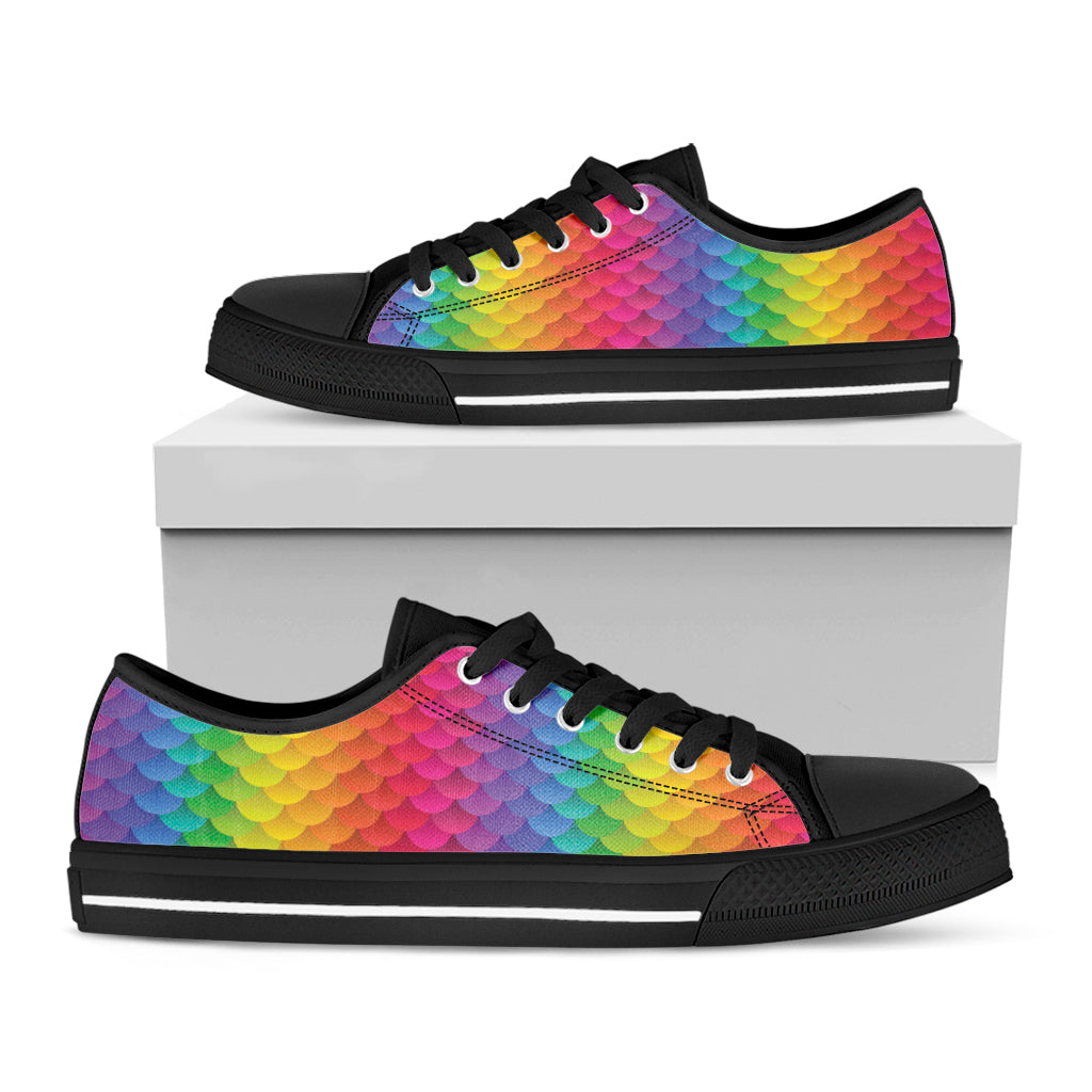 Rainbow Mermaid Scale Pattern Print Black Low Top Shoes