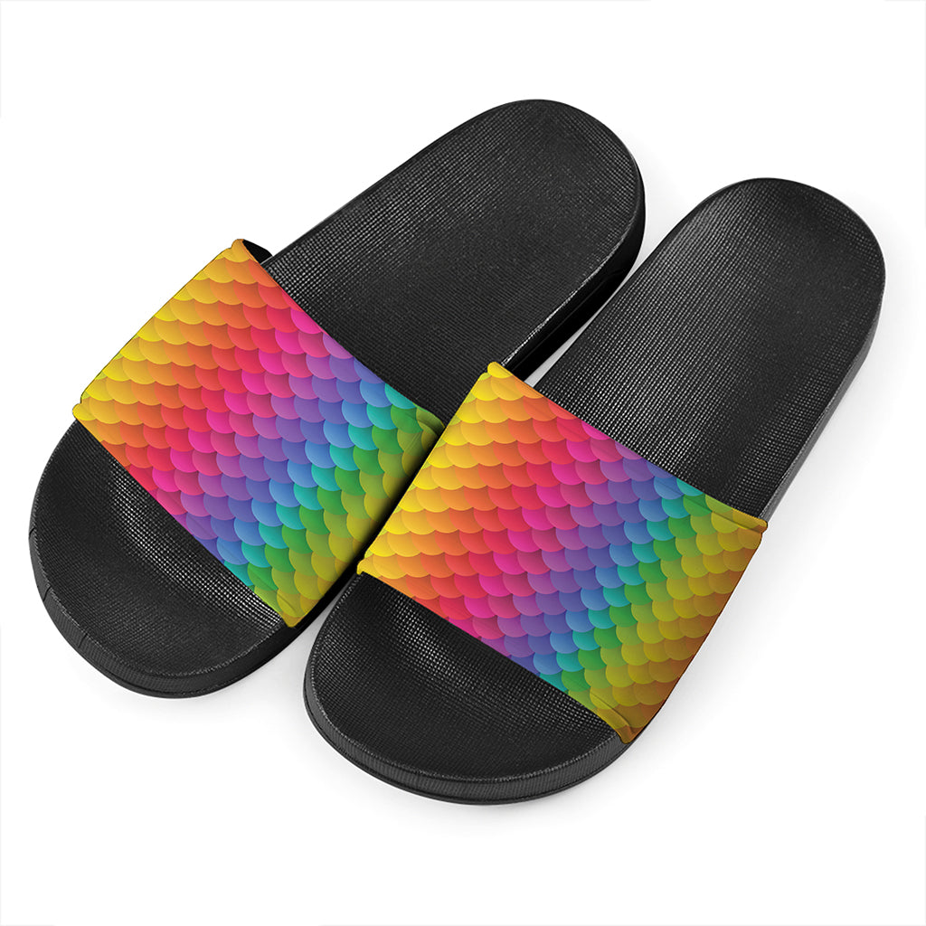 Rainbow Mermaid Scale Pattern Print Black Slide Sandals