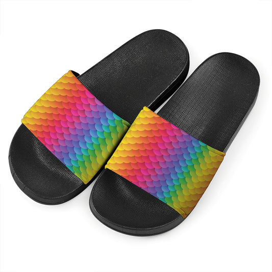 Rainbow Mermaid Scale Pattern Print Black Slide Sandals