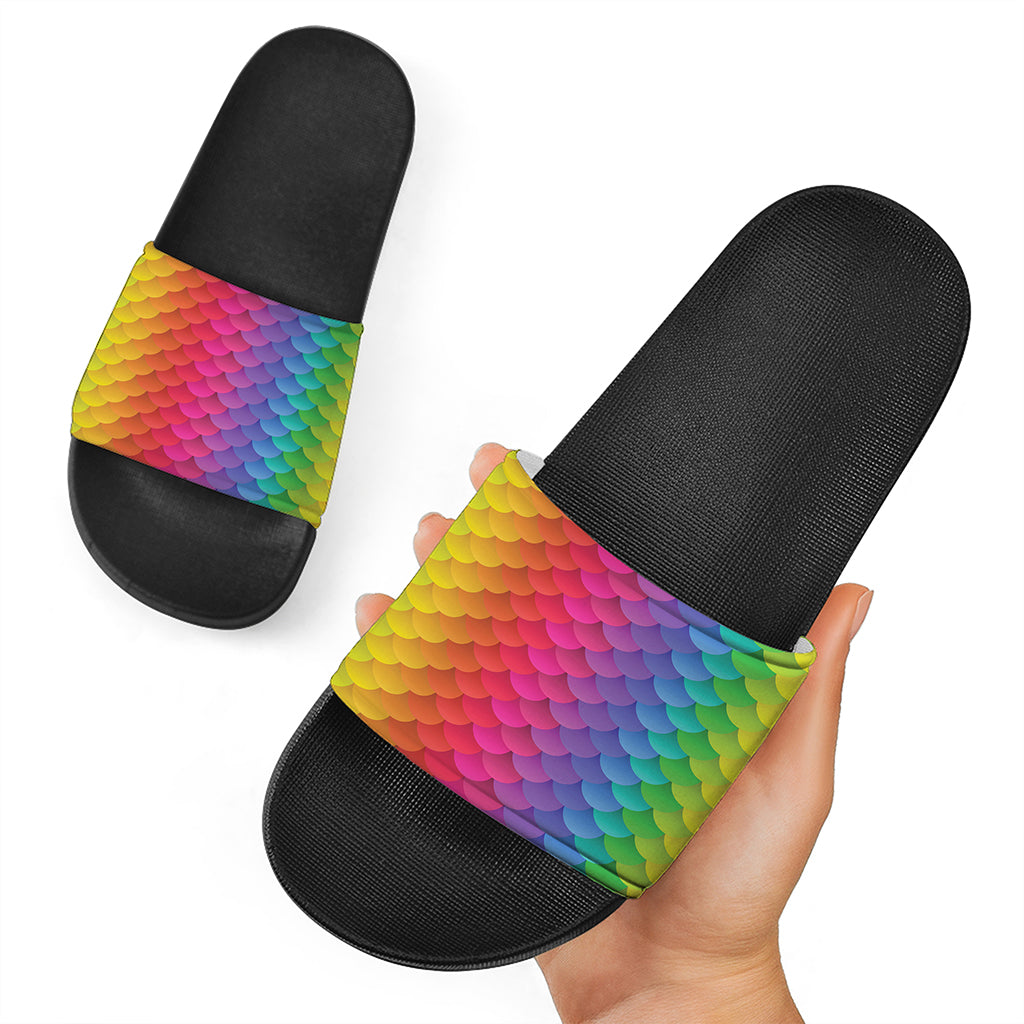 Rainbow Mermaid Scale Pattern Print Black Slide Sandals