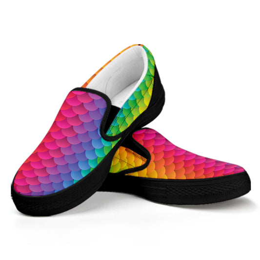 Rainbow Mermaid Scale Pattern Print Black Slip On Shoes