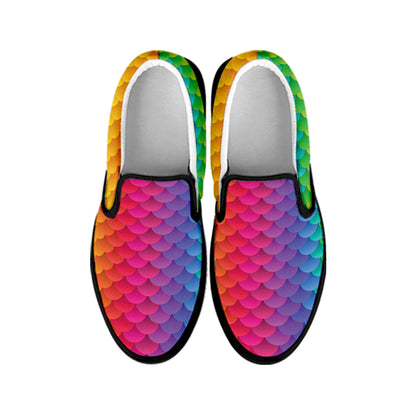 Rainbow Mermaid Scale Pattern Print Black Slip On Shoes