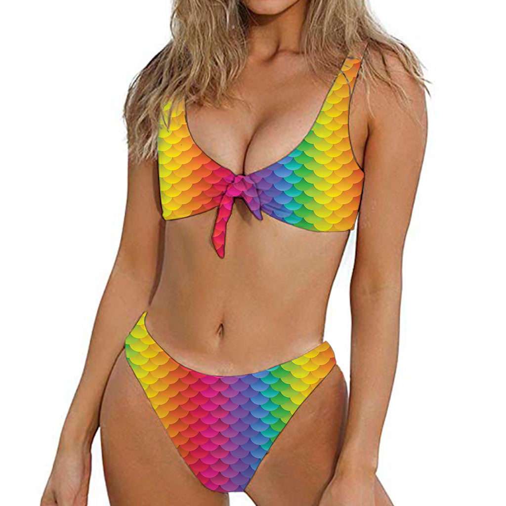 Rainbow Mermaid Scale Pattern Print Front Bow Tie Bikini