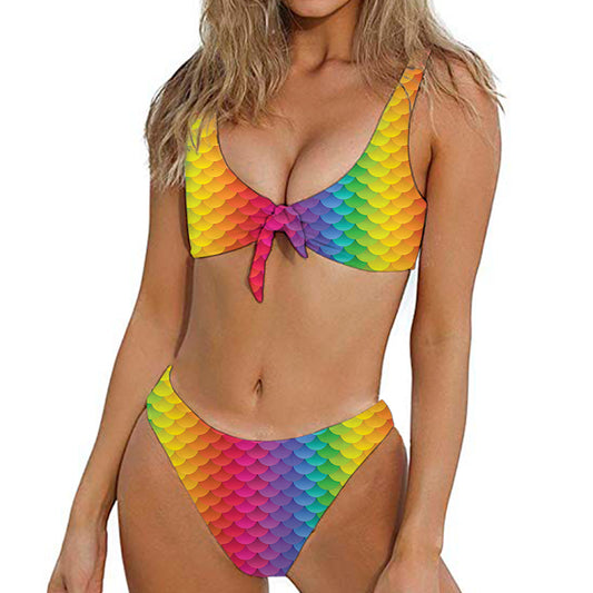 Rainbow Mermaid Scale Pattern Print Front Bow Tie Bikini