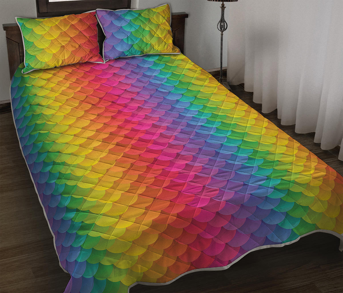 Rainbow Mermaid Scale Pattern Print Quilt Bed Set