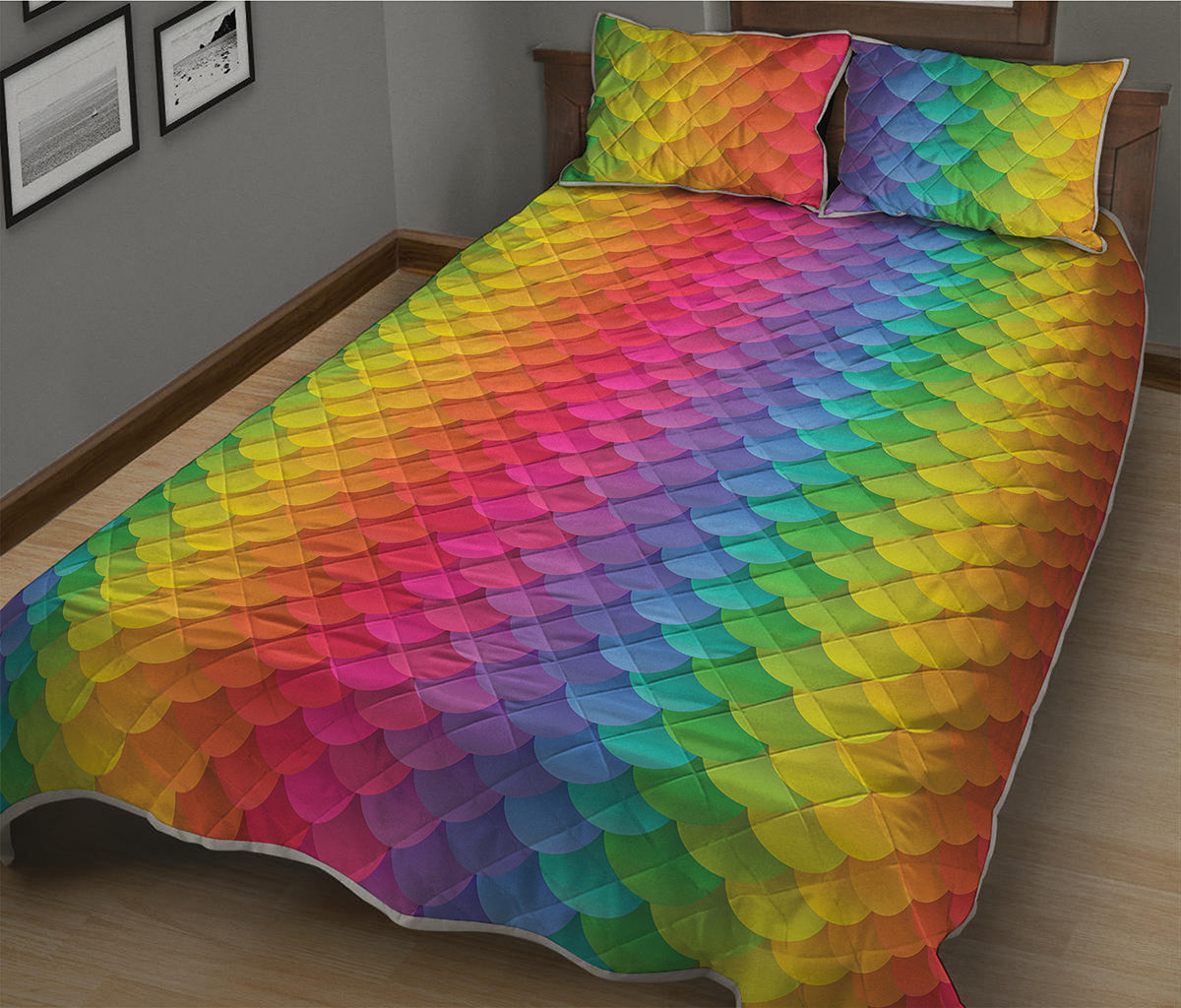Rainbow Mermaid Scale Pattern Print Quilt Bed Set