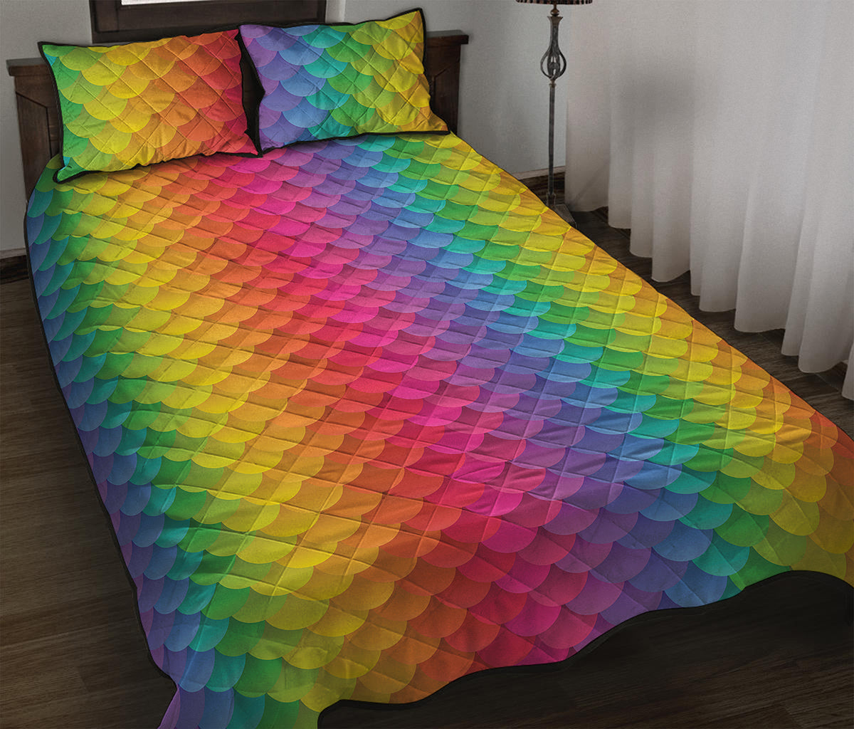 Rainbow Mermaid Scale Pattern Print Quilt Bed Set
