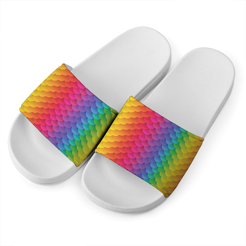 Rainbow Mermaid Scale Pattern Print White Slide Sandals
