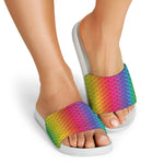 Rainbow Mermaid Scale Pattern Print White Slide Sandals