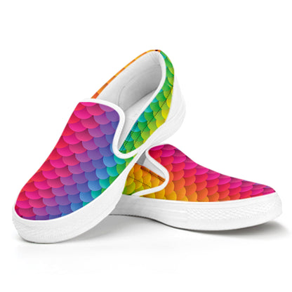 Rainbow Mermaid Scale Pattern Print White Slip On Shoes
