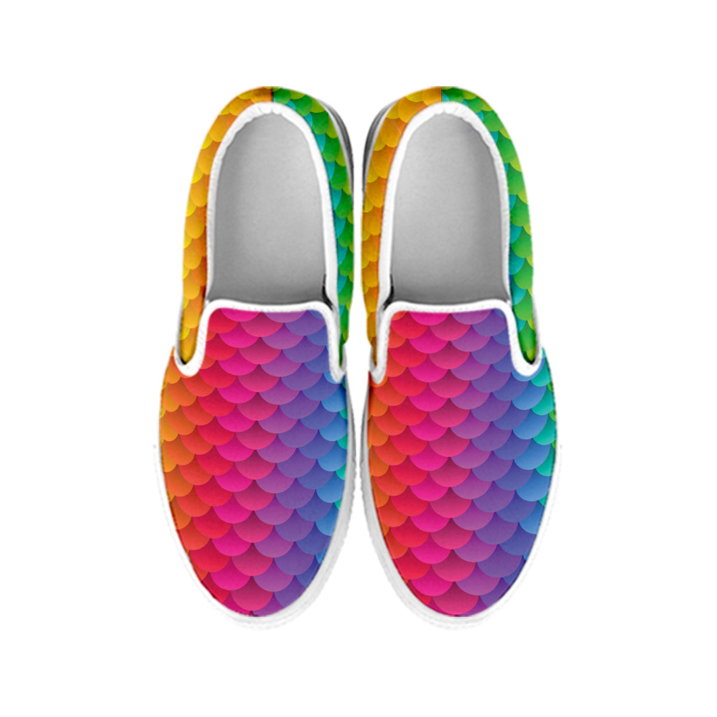 Rainbow Mermaid Scale Pattern Print White Slip On Shoes
