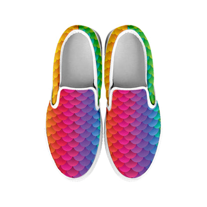 Rainbow Mermaid Scale Pattern Print White Slip On Shoes