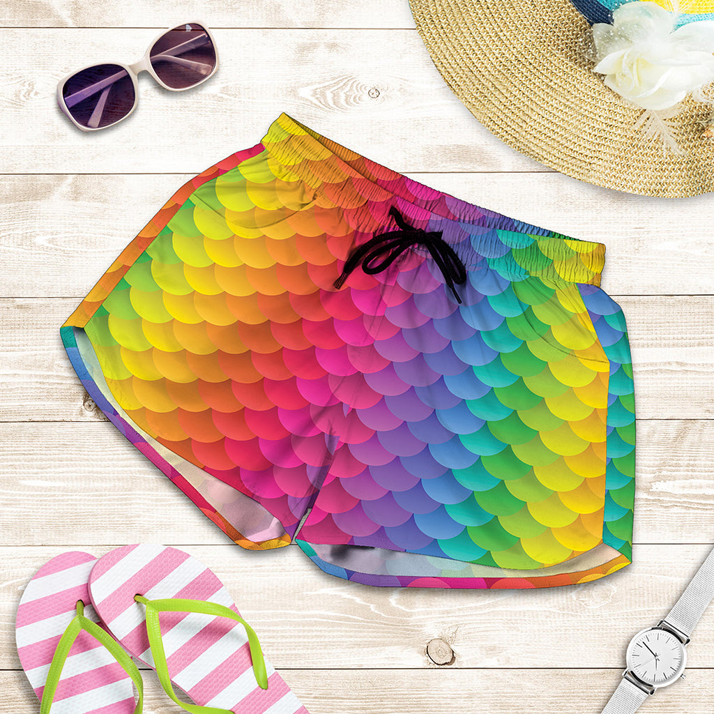 Rainbow Mermaid Scale Pattern Print Women's Shorts