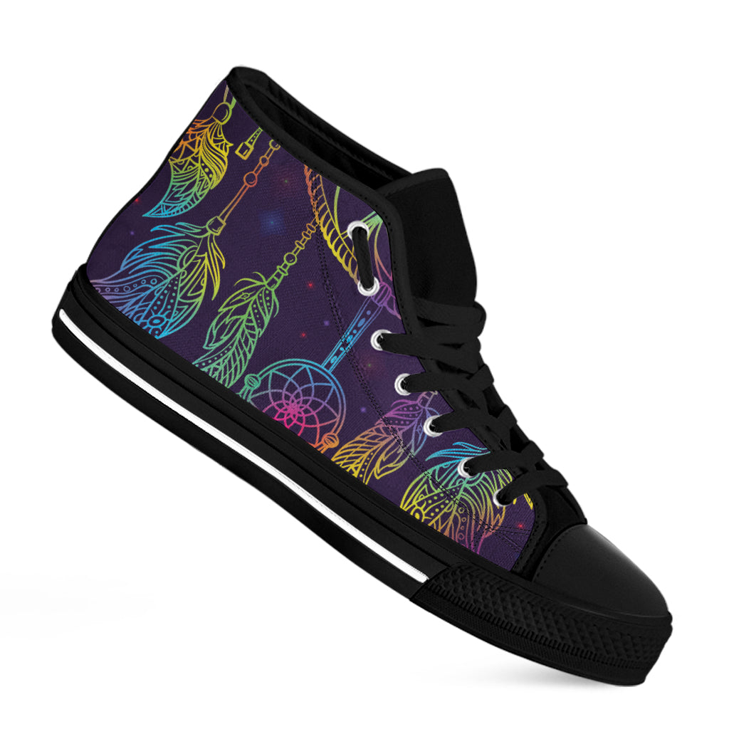 Rainbow Native Dream Catcher Print Black High Top Shoes