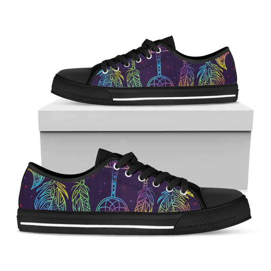 Rainbow Native Dream Catcher Print Black Low Top Shoes 