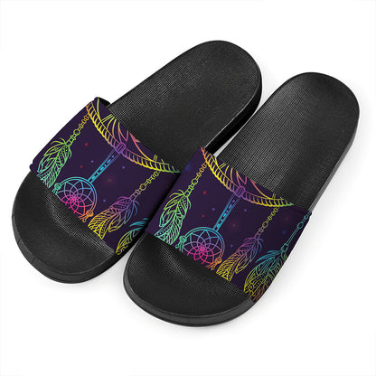 Rainbow Native Dream Catcher Print Black Slide Sandals