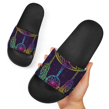 Rainbow Native Dream Catcher Print Black Slide Sandals