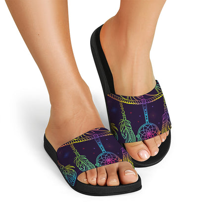 Rainbow Native Dream Catcher Print Black Slide Sandals