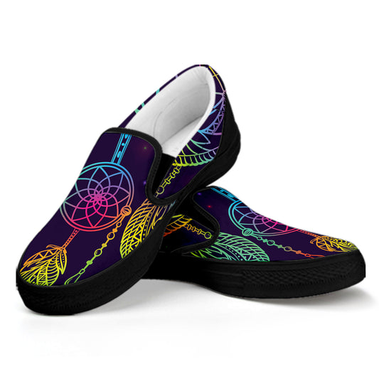 Rainbow Native Dream Catcher Print Black Slip On Shoes