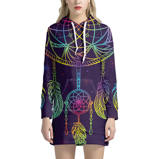 Rainbow Native Dream Catcher Print Pullover Hoodie Dress