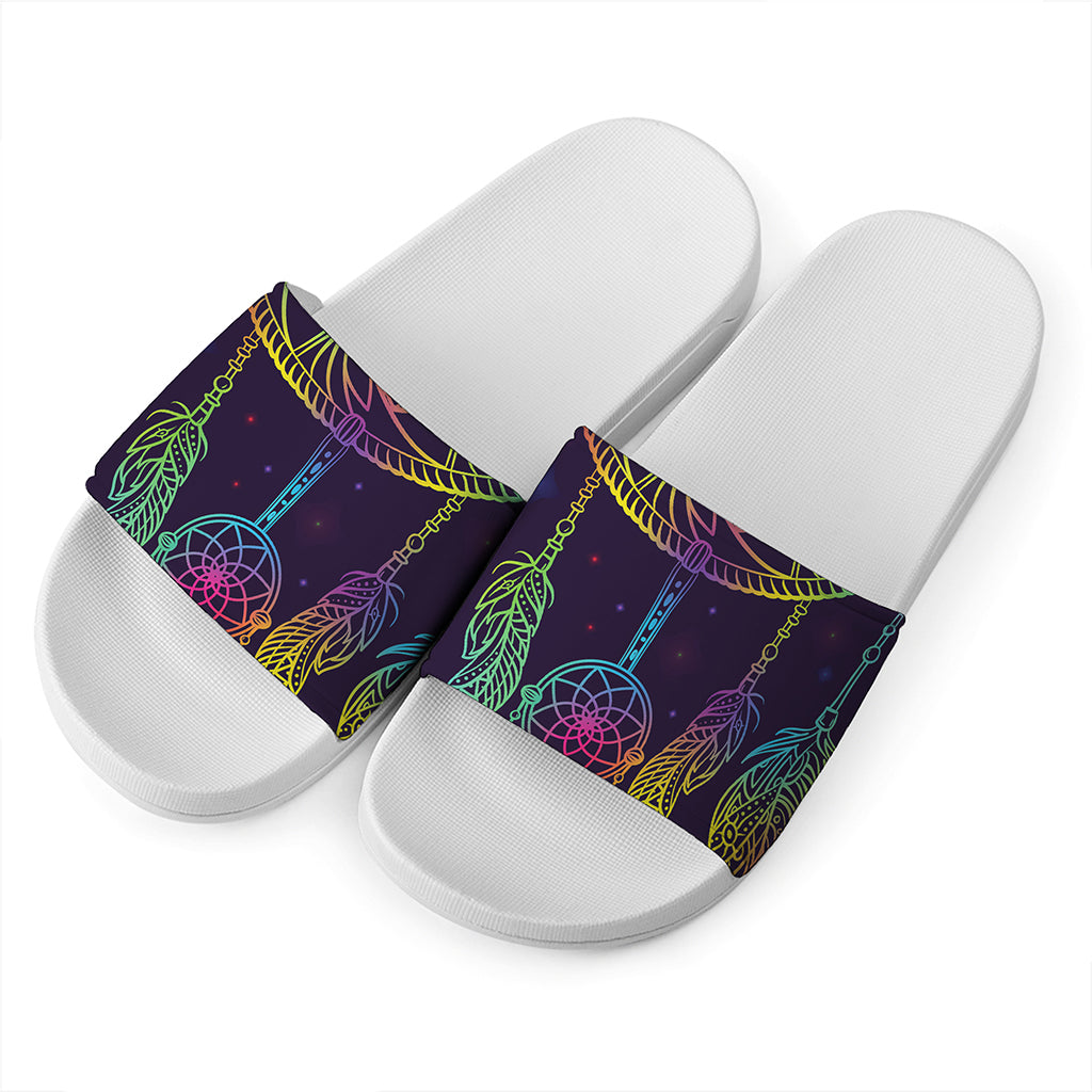 Rainbow Native Dream Catcher Print White Slide Sandals
