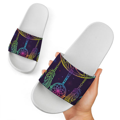 Rainbow Native Dream Catcher Print White Slide Sandals