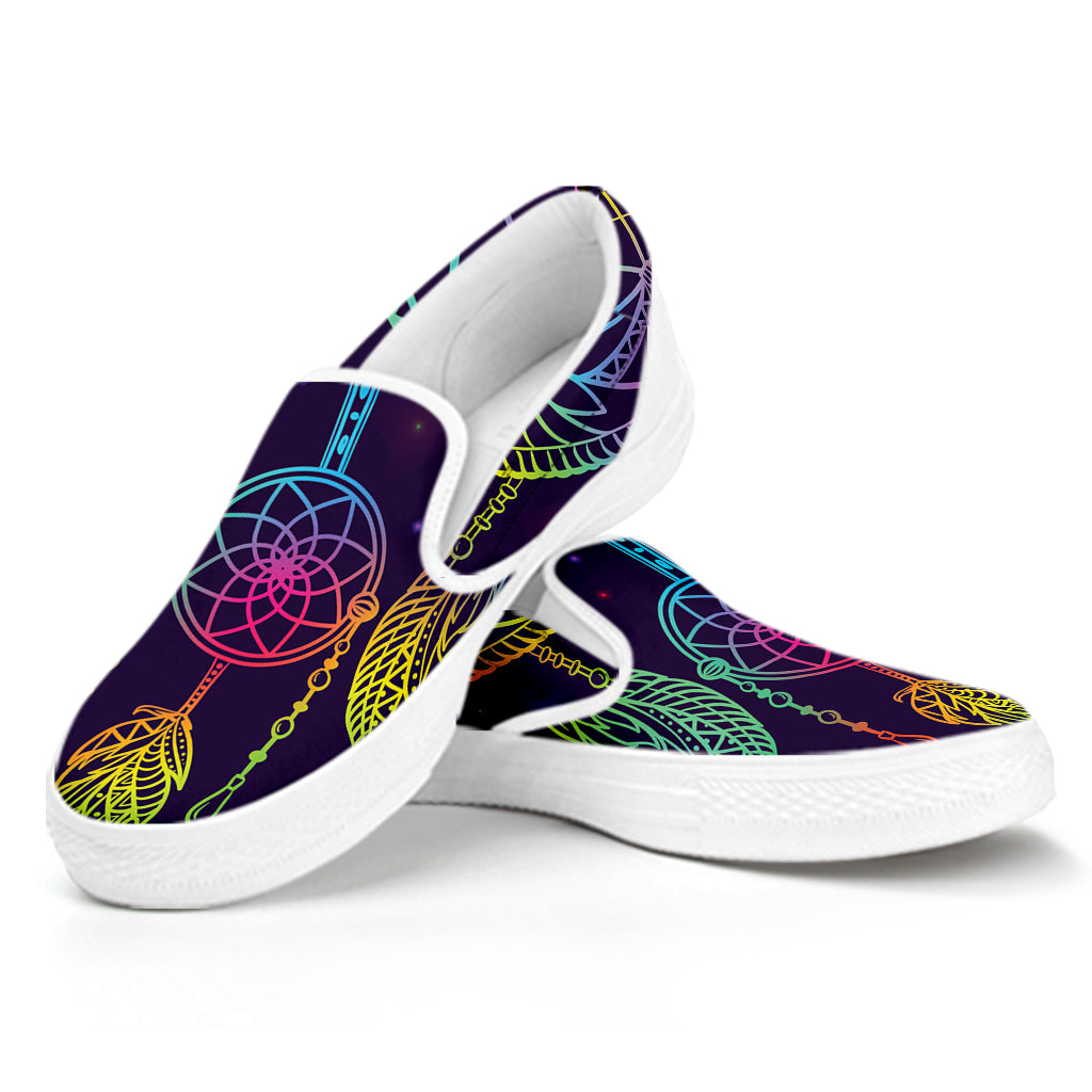 Rainbow Native Dream Catcher Print White Slip On Shoes