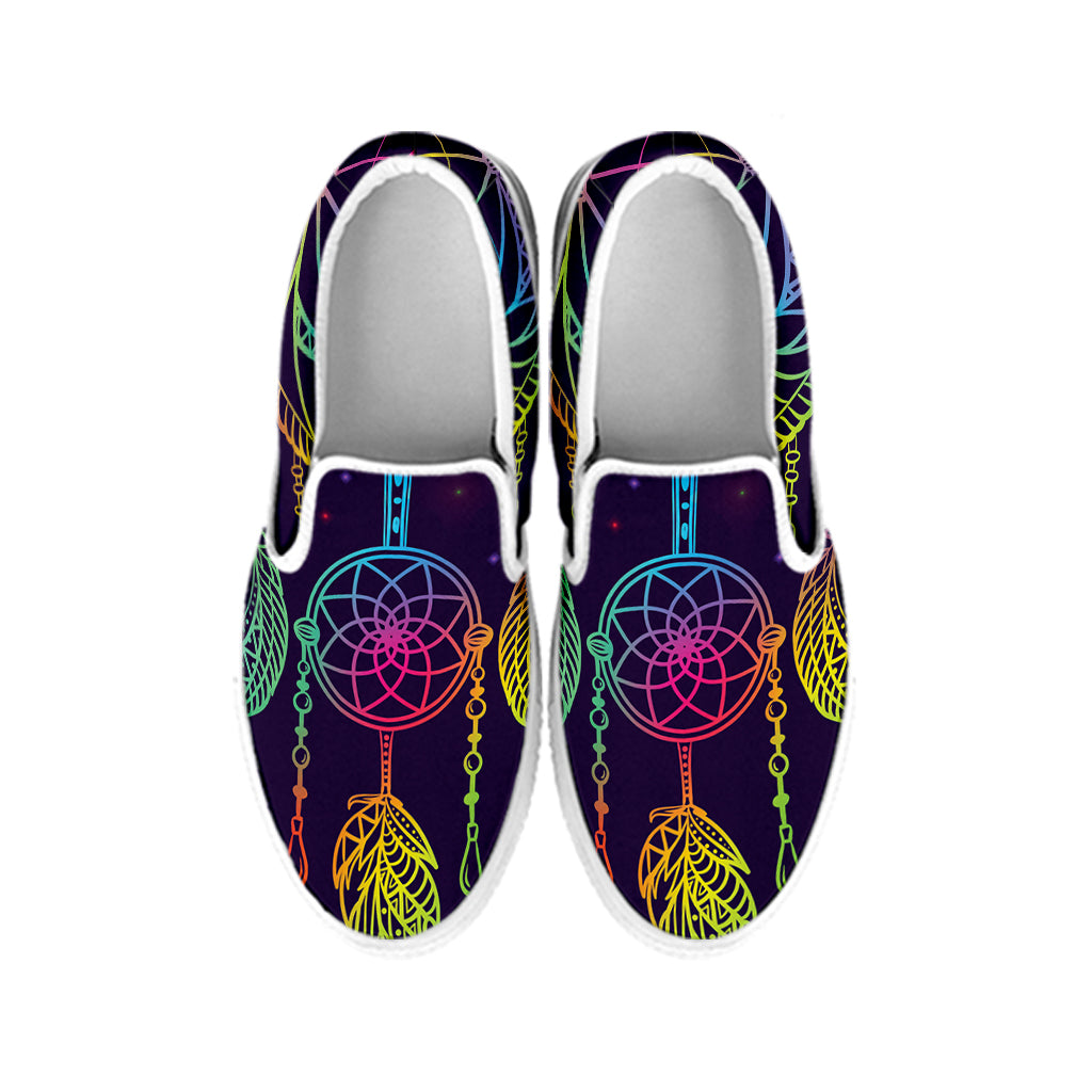 Rainbow Native Dream Catcher Print White Slip On Shoes