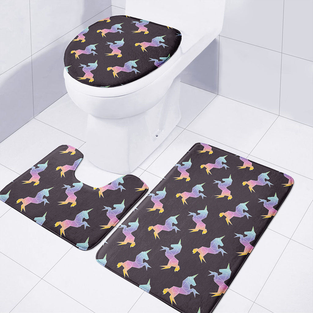 Rainbow Origami Unicorn Pattern Print 3 Piece Bath Mat Set