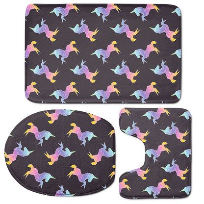 Rainbow Origami Unicorn Pattern Print 3 Piece Bath Mat Set