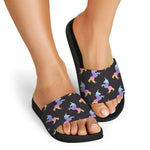 Rainbow Origami Unicorn Pattern Print Black Slide Sandals