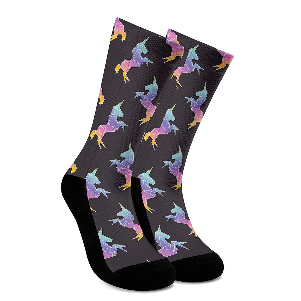 Rainbow Origami Unicorn Pattern Print Crew Socks