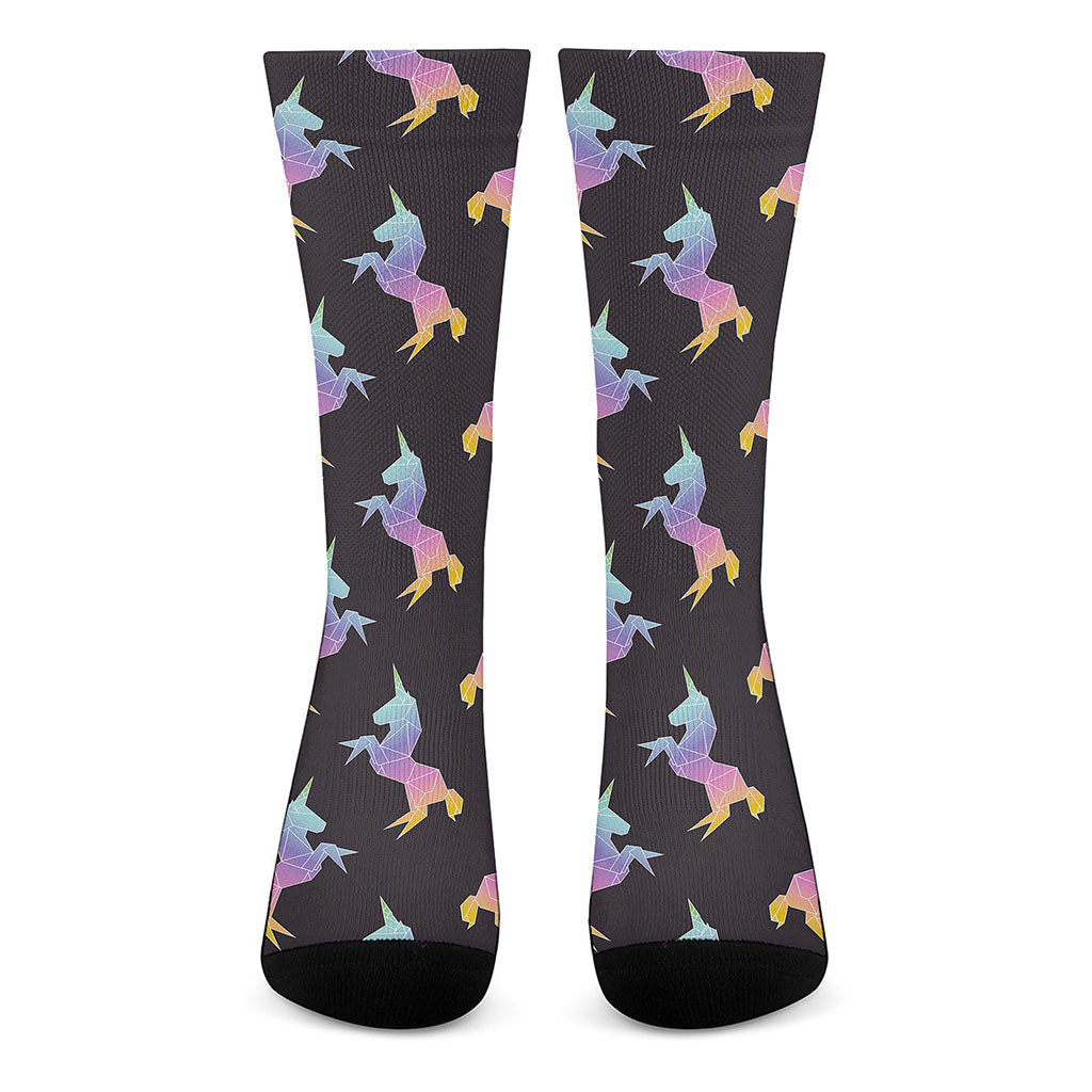 Rainbow Origami Unicorn Pattern Print Crew Socks