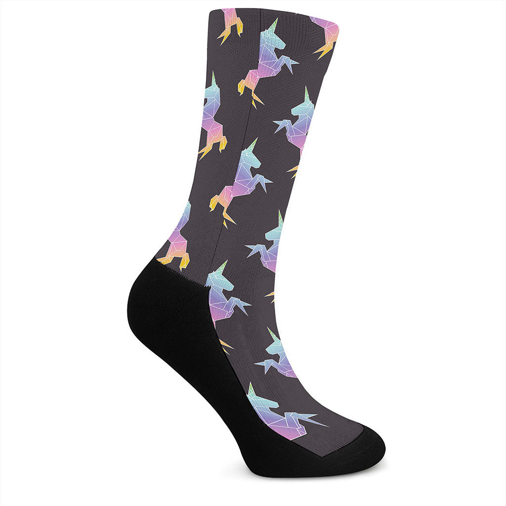 Rainbow Origami Unicorn Pattern Print Crew Socks