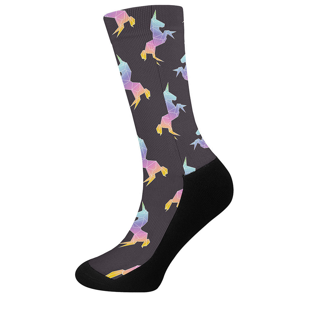 Rainbow Origami Unicorn Pattern Print Crew Socks