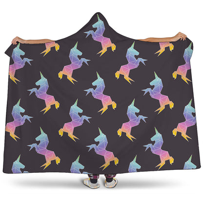 Rainbow Origami Unicorn Pattern Print Hooded Blanket